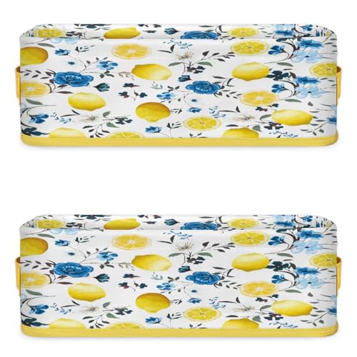 Blue Flowers Fruit Lemon Pattern Bathroom Storage Basket Waterproof Foldable Storage Bins with Handles Decorative Toilet Paper Storage Basket for Organizing for House Bathroom Toiletries