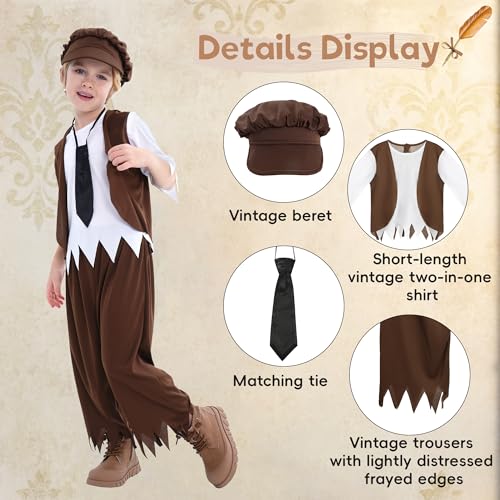 Wizland 4pcs Boys Victorian Costume Set including Hat & Tie,Kids Oliver Twist Fancy Dress Up for World Book Day&School Play Outfit 3-4 years(Brown) - Image 4