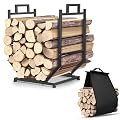 YENGOTH Firewood Rack, Indoor/Outdoor Firewood Holder with Firewood Carrier Bag, Thickened Metal Fireplace Log Holder with Adjustable Feet, Black