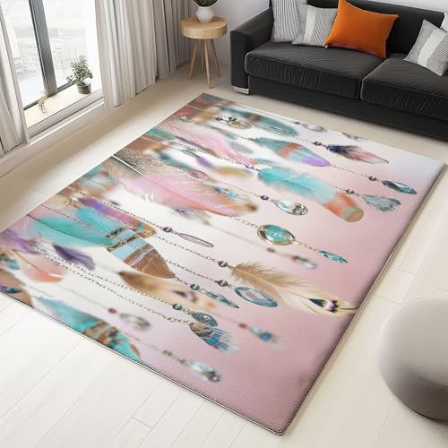 Tapis salon entrée interieur antidérapant motif plumes bohèmes tapis doux lavable
