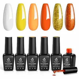 Beetles Pumkin Orange Gel Nail Polish Set, 6 Pcs Yellow White Glitter Gel Polish Kit Candy Corn Nail Polish Gel Kit Nail Art Design Manicure Gifts for Women Soak Off LED Gel Nail Lamp Cured