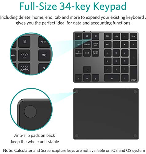 HoRiMe Bluetooth Number Pad, Rechargeable Wireless Numeric Keypad Slim 34-Keys Aluminum Number Keypad External Data Entry Compatible for Laptop