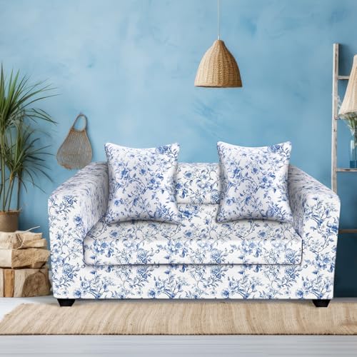 Gilprop Chinoiserie Printed Sofa Cover Stretch Couch Cover with Throw Pillow Case Blue White Floral Sofa Slipcover for Living Room Decoration(2 Seat)