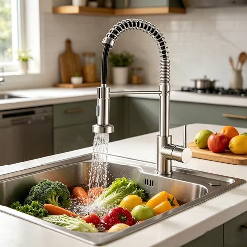 JUNSHENG Robinet de cuisine avec douche extractible,Mélangeur de cuisine en acier inoxydable à haute pression pivotant à 360° Monocommande,Nickel Brossé