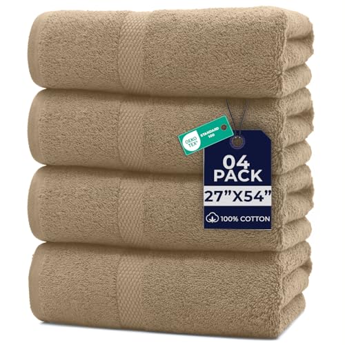 Image of DAN RIVER Bath Towels Set of 4, 27 x 54 Inches, 100% Cotton, Larger & Lighter Weight, Quicker to Dry, Super Soft and Absorbent, Ideal Tan Bath Towels for Daily Use