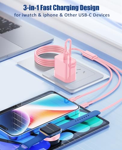 Image of for Apple Watch Charger Fast Charging,3 in 1 Multi Chargers Cable with USB C Charger, iWatch Charger Cord 6FT for iWatch Series Ultra 3 /2 /SE 3 /11 /10 /9 /8 /7 /6 /5 /4 /iPhone17 15 16 Pro Max /14 /13 /12 /11-Pink