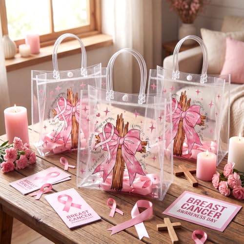 Image of Teenyyou 24 Pcs Breast Cancer Awareness PVC Gift Bags, Christian Bible Verse Romans 12: 12 Inspirational Treat Bags, Pink Ribbon Faith Goodie Containers for Breast Cancer Charity Party Favors