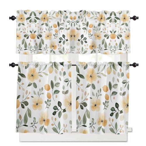 Botanical Kitchen Curtains 24 Inch Length,3 Piece Rod Pocket Small Half Tiers and Valance Set,Flower Floral Vintage Wildflower Garden Motifs Small Large Window Treatment Decor for Bedroom/Bathroom
