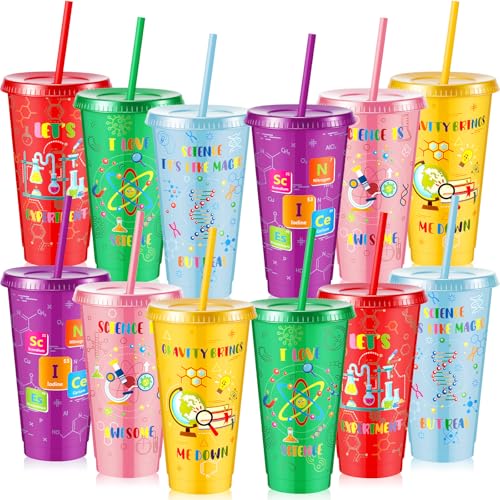 Uiifan 12 Pcs Science Party Cups Favors 24 oz Plastic Tumbler with Lid and Straw Reusable for Boys Kids Science Birthday Party Supplies Decorations
