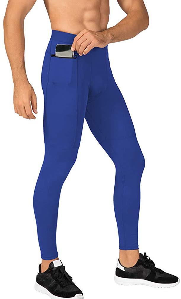 Makingda Men's Blue Jogger Sports Compression Pants, Workout Active Tights Leggings, Cool Dry Technical Training Baselayer Trousers Training Trousers With Zip Pocket（Blue，Xxl）