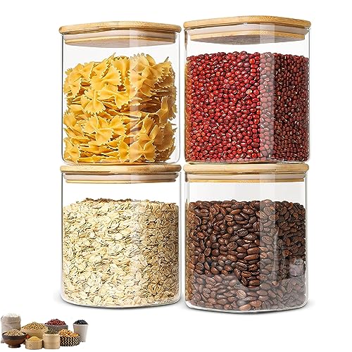 Keyoung Set of 4 Glass Storage Jars with Bamboo Lid, 750 ml Glass Jars, Square, Sealed Food Storage Containers, Kitchen Storage Jars, for Long Food Fresh, Flour, Sugar, Spaghetti, Coffee, Tea
