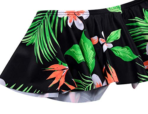 Hilor Girl's Bikini Swimwear Crop Flounce Two Piece Swimsuits Kids One Shoulder Bathing Suits Black&Green Leaves 8-9 Years #TOP3