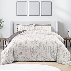 Edredones Estampados Florales Qucover Edredón Cama 150, Edredón con Estampado Floral 220x240 cm, Juego de 3 Piezas Edredón Invierno Super Suave y Cálido 260GMS Diseño Reversible Blanco Gris con 2 Fundas de Almohada 50x75 cm