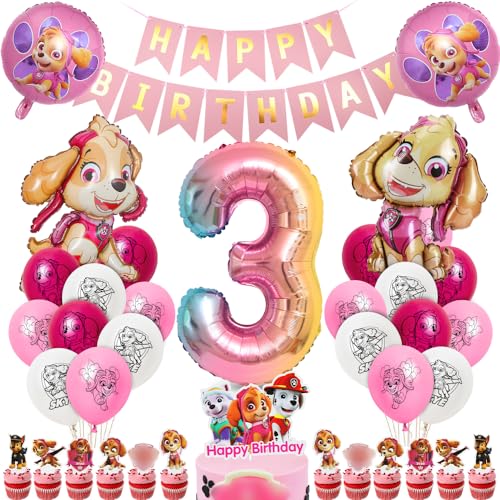 Cumpleaños Patrulla Dog 3 Años, Decoracion Cumpleaños Niña, Globos Sky Perro Canina, Globo Número 3 Rosa, Pancarta Happy Birthday, Decoracion Tartas como Adornos de Cumpleaños para Infantil