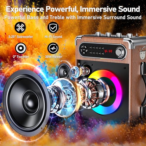 Image of JYX Portable Bluetooth Karaoke Speaker with 2 Wireless Mics, 10Hrs Playtime, RGB Lights, PA System for Adults & Kids, Supports USB /TF /FM /Type-C /AUX, for Home Party, Outdoor & DJ Use (Wood)