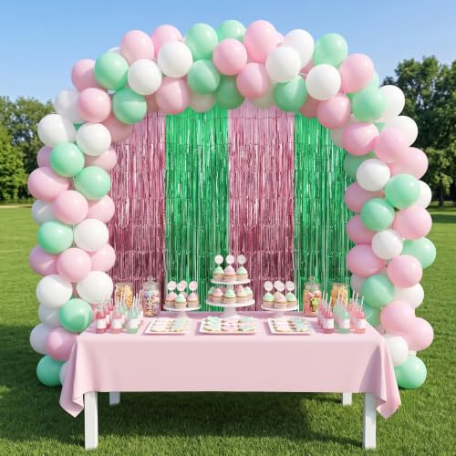Image of TONIFUL 2Pcs Pink and Green Metallic Tinsel Foil Fringe Curtains Streamers | 3.3ftx6.6ft Photo Booth Backdrop Door Streamer for Birthday Baby Shower Gender Reveal Bridal Shower Spring Summer Party Decor