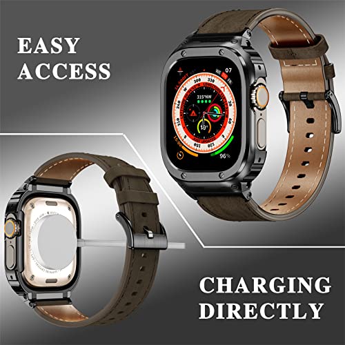 Suplink Metal Case with Leather Watch Strap Compatible Apple Watch Straps 45mm,Stainless Steel Rugged Protector Cover Bumper Genuine Leather Band for iWatch Series 8/7(Coffee/Black,45mm) - Image 2