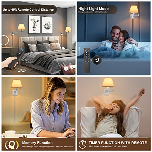 Image of TRLIFE Wall Sconces Plug in, Remote Control Dimmable Wall Sconce and Adjustable Color Temperature 2700K-6500K, Swing Arm Wall Lights with Plug in Cord, 9.4 inch Medium White Fabric Shade(2 Pack, 2 Bulbs)