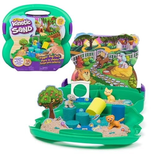 PARCO GIOCHI PER CUCCIOLI, 680G DI KINETIC SAND: costruisci il parco giochi con 680g di Kinetic Sand (marrone naturale, verde acqua neon e blu neon), 3 cuccioli che fungono anche da attrezzi multiuso, un taglierino, un rullo e una custodia