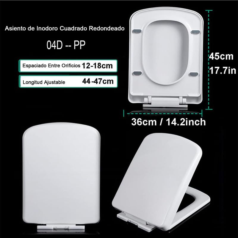 Asiento de Inodoro Universal de Cierre Suave, Tapa WC Cuadrada de PP, Tapa de Inodoro con Bisagras Ajustables y Liberación Rápida para una Fácil Limpieza, Blanco, 04D, 45x36cm
