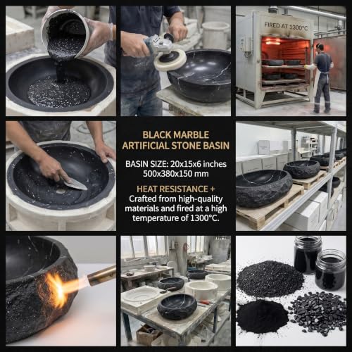 Image of BASSINO 20x15x6 Inches Artificial Stone Table Top Washbasin /Black Marble Stone Texture Luxury Countertop Sink /Modern Rock Finish Wash Basin for Home-Hotel /Designer Oval Shape Basin for Bathroom(Matte)