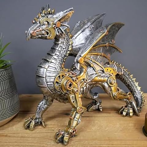 furlinkhm Dragon Statue and Carved Sculpture Mechanical Punk Style Dragon Statue Animal Statue Steampunk Modern Home Decor Resin Statue for Coffee Table, Living Room, Entrance, Shelf Decor (Dragon) Cover