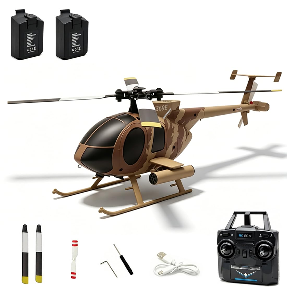 RC ERA C184 MD500 RC Helicopter, 2.4G 4CH Brushless RC Helicopter with Optical Positioning, 6-Axis Groy Military Aircraft Model for Adults - 2 Battery