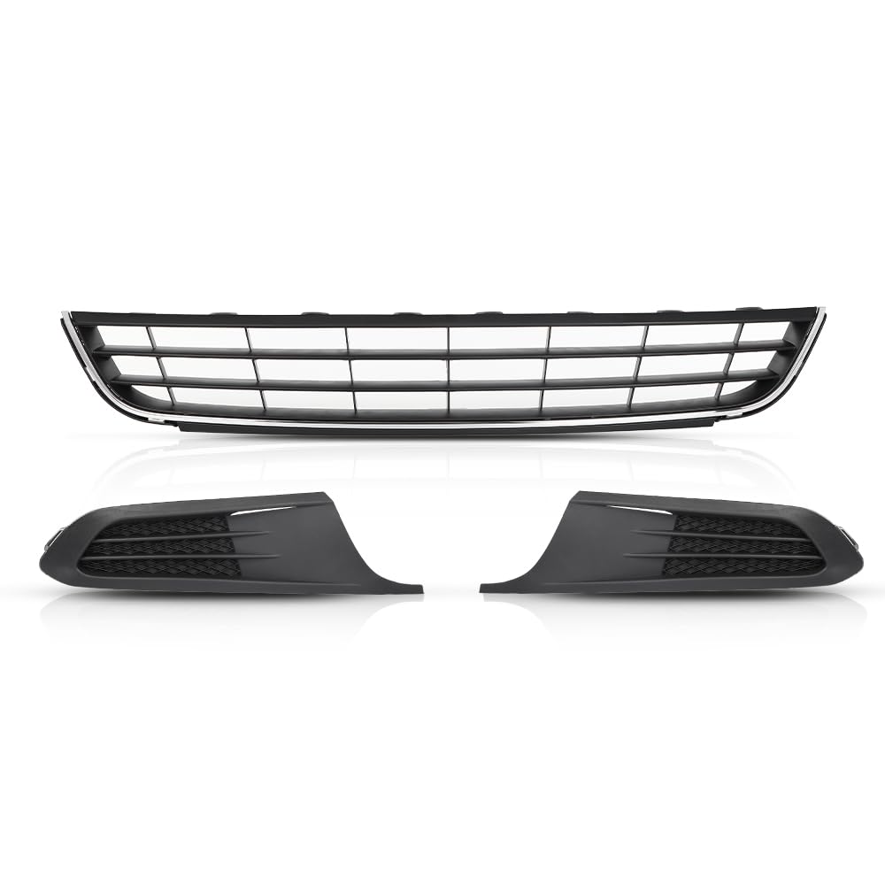 PIT66 Front Bumper Lower Grille Chrome & Fog Light Bezel 3pcs Compatible with Volkswagen Jetta Sedan 2011-2014, Not Fit any Wagon Models, 5C6853671RYP