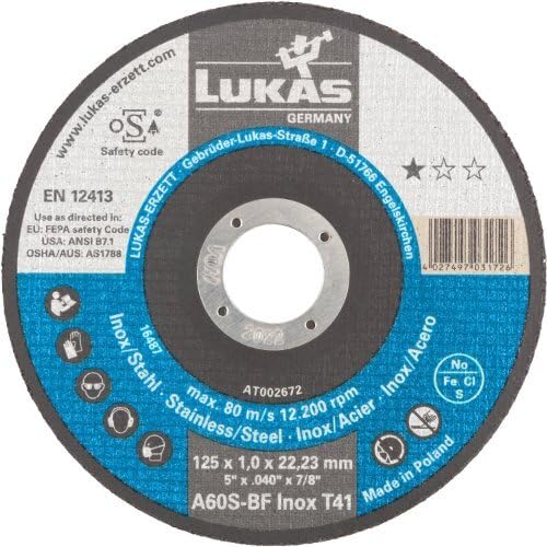 LUKAS ERZETT 50 discos de corte T41 para acero inoxidable 115 x 1 mm, recto, para amoladora angular, A60S-BF de 12,2 x 12 x 8,8 cm