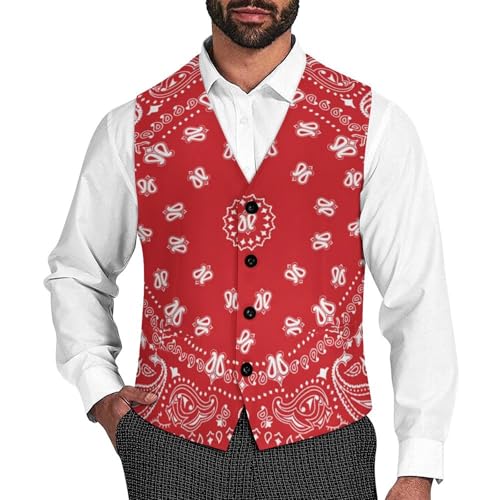 Red Bandana Pattern Funny Men's Formal Suit Vest Casual Business Dress Waistcoat Printed Vest Slim Fit