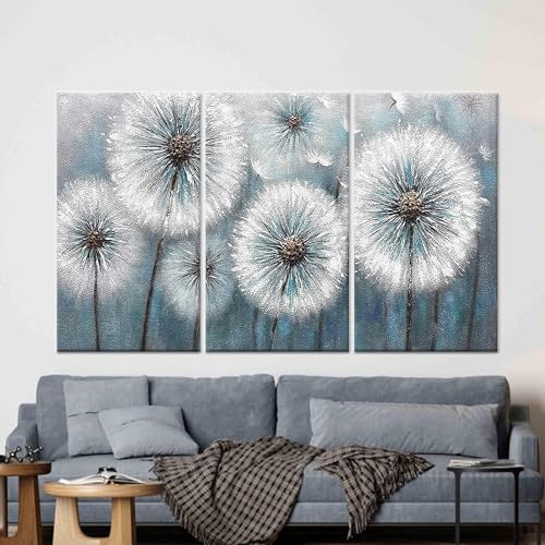 Tableau mural pissenlit décoration salon : peinture abstraite 3 cadres 60x120cm pour grand mur