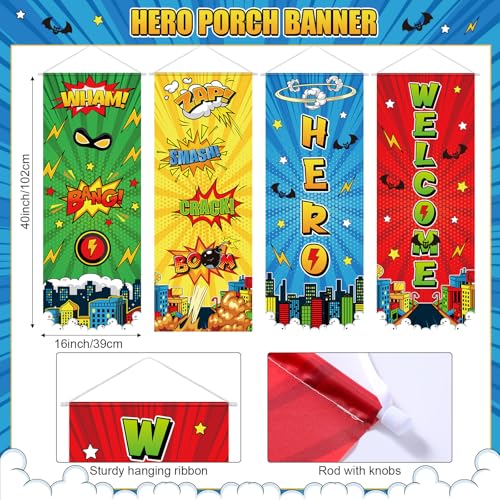 Image of Panelee 4 Pcs Hero Theme Party Banners Hero Party Decorations City Comic Skyline Porch Sign Hanging Door Banner for Cityscape Birthday Backdrop Supplies