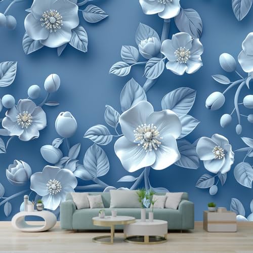 3D Blue Floral Wall Mural Wallpaper for Kids Room & Bedroom | Self Adhesive Waterproof Vinyl Peel and Stick Wall Decor | Large Flower Design for Living Room & Home Decoration - 96x16 Inches - Image 3