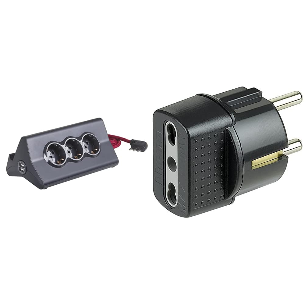 BTicinoBTicino S3713GBU Multipresa da Scrivania con Spina 10 A, 3 P30, 2 Prese USB, Interruttore, 2 m, Nero & S3625GE Adattatore con Spina Tedesca e Presa Bipasso, Colore Nero
