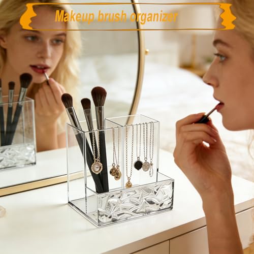 Image of Clear PET Pen Holder, 3 Compartment Desk Organizer, Shatter-Resistant, Stronger Than Acrylic, for Office Home School Bathroom Makeup