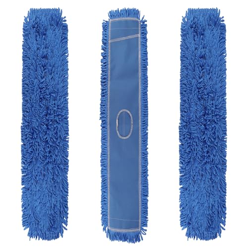 Commercial 48 Inch Dust Mop Head: Replacement Heavy-Duty Sweeper and Janitorial Industrial Dust Mop Head for Floor Cleaning Office School Restaurant Hospital (3 Pack - Blue)
