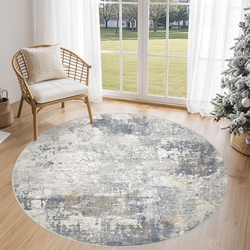 5ft Round Area Rug Living Room Rugs - 5x5 Washable Neutral Modern Abstract Soft Thin Rug Indoor Floor No Slip Rug Carpet for Bedroom Under Dining Table Home Office Decor - Blue Grey