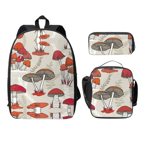 Sac à dos d'école léger noir pack scolaire 3 pièces champignons avec trousse et boîte repas