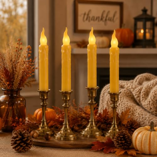 Image of Mustard Yellow Flameless Short Taper Candles, Real Wax Hand Dipped LED Battery Operated with Remote, Flickering Flame Lights for Party Home Decor, 6.7 Inch Primitive Flameless Candles, 2PCS