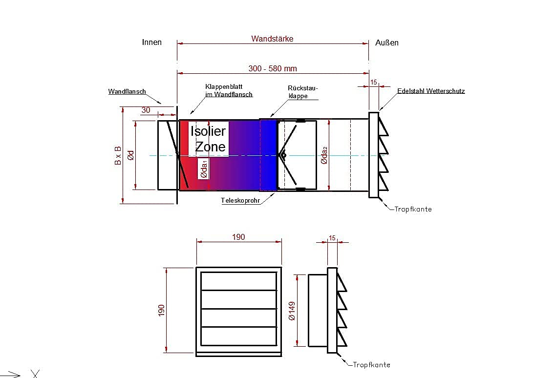 VentilationNord Energiespar Edelstahl Mauerkasten Ø150 mit zwei Rückstauklappen