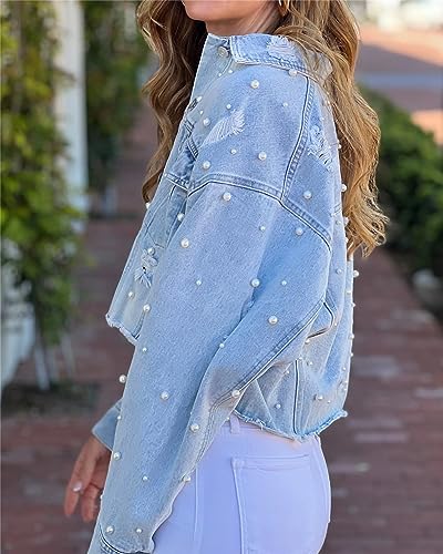 Women Cropped Rhinestones Denim Jacket Long Sleeve Distressed Pearl Jean Jacket Coats4