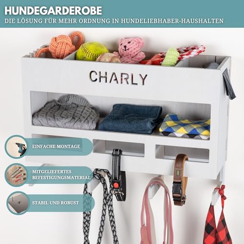 INEXTERIOR – Hundegarderobe XXL personalisierbar mit Ablage & Leinenhalter in Grau - Hundezubehör Dogstation für Hundeleinen, Spielzeug & Leckerlis aus Birkenholz - Mit Kotbeutelspender & Montagekit