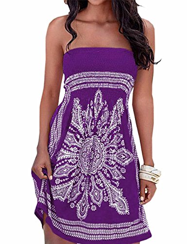 HAHAEMMA Femme Robe Eté Bustier Epaule Bohème Coloré Floral Casual Mini Plage