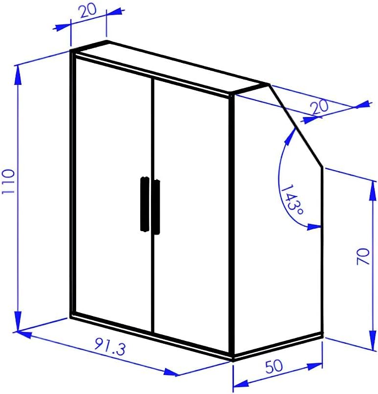 Technical drawing showing the front view dimensions and the angle of the sloped side of the Vente-unique ADEZIO cabinet.