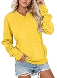Women's V-Neck No Hood Sweater Casual Lightweight Plain Tunic Top Drop Shoulder Pullover Sweatshirts with Pocket (Yellow,Small)