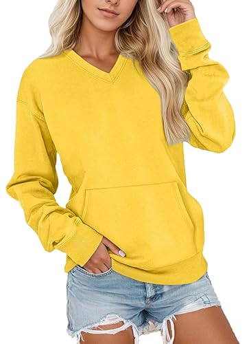 Women's V-Neck No Hood Sweater Casual Lightweight Plain Tunic Top Drop Shoulder Pullover Sweatshirts with Pocket (Yellow,Small)