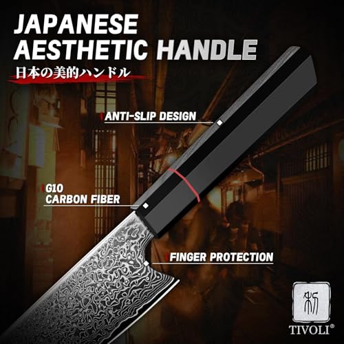 Image of TIVOLI Damascus Chef Knife 8 inch - Japanese Hand Forged Kitchen Knife | VG10 high-carbon steel, Japanese Artisanal Craftsmanship, G10 Carbon Fiber Handle, Gift Box, for Slicing, Dicing, Chopping