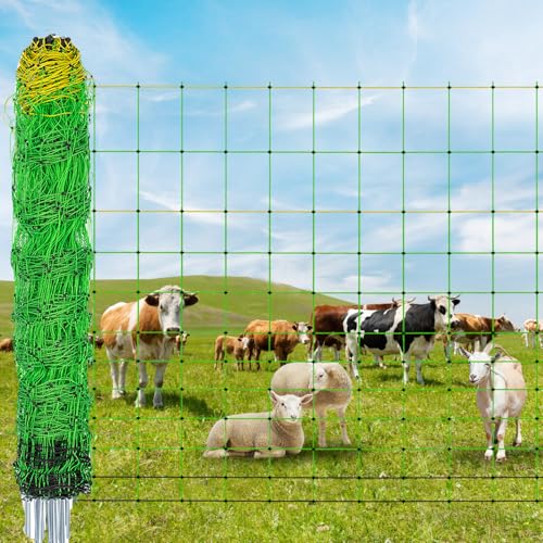 LMRSTOO Electric Fence Netting 35.4 x 164 Portable Electric Net Fence for Goats Sheep Lambs Hogs in Backyards Farms Ranches Homesteads and Gardens (14 Posts 2 Spikes Green)