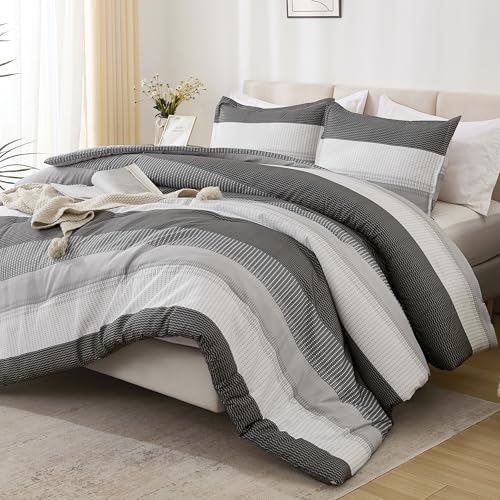 Litanika Dark Grey Comforter Set Super King Plus - 3 Pieces Lightweight Dark Grey Colorblock Stripe Fluffy Bedding Comforter Sets, All Season Bed Set
