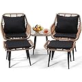 KROFEM 5 Piece Wicker Bistro Patio Conversation Furniture Set, Includes 2 Chairs, 2 Ottomans, and Side Table, Ideal for Porch, Balcony, Deck, Backyard, Natural